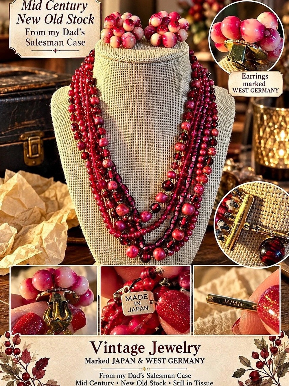 MARPAN Vintage Multi-Strand Beaded Necklace & Earrings NEW OLD STOCK